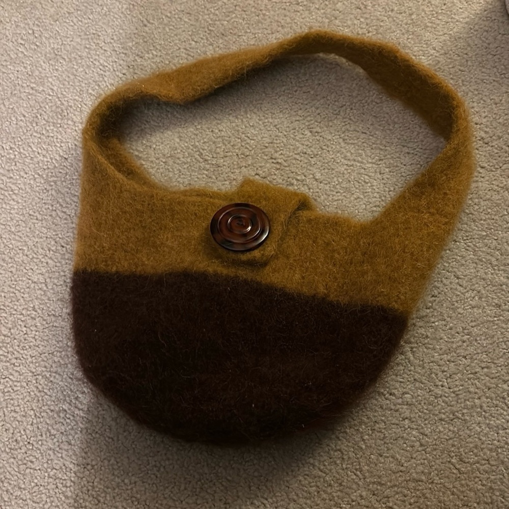 Vintage Wool Bag Purse Button Tote Brown Tan
